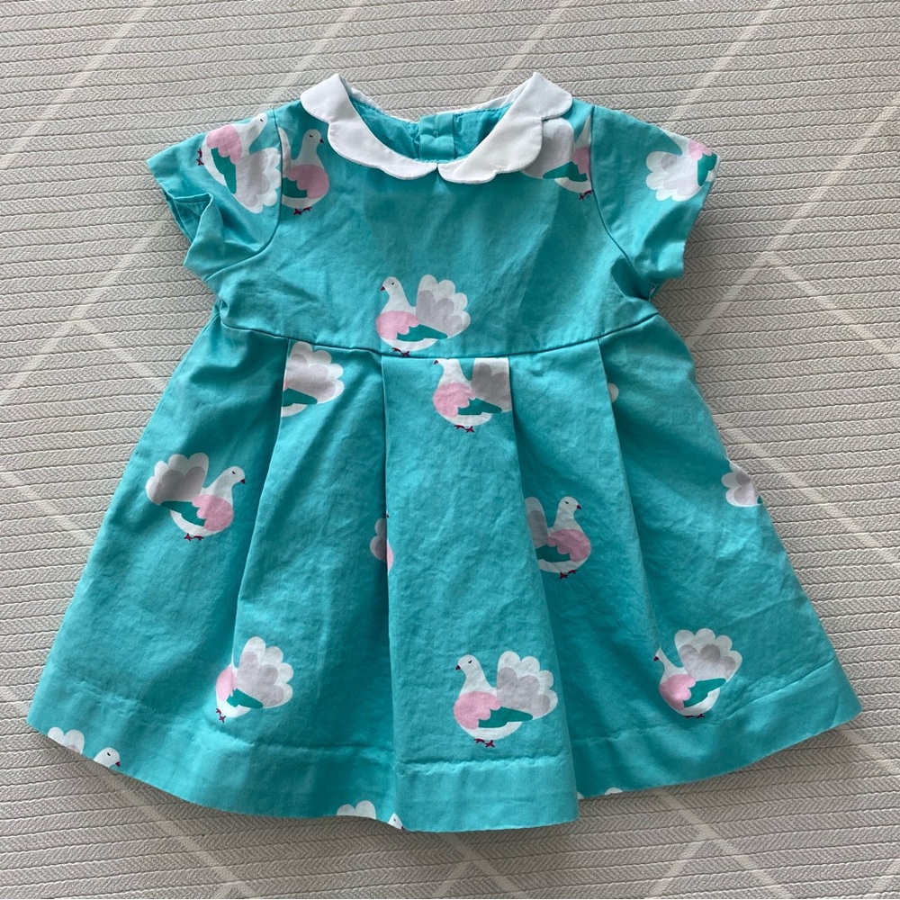Jacadi Teal Pleated Bird-Print Dress Girl’s Size 6M